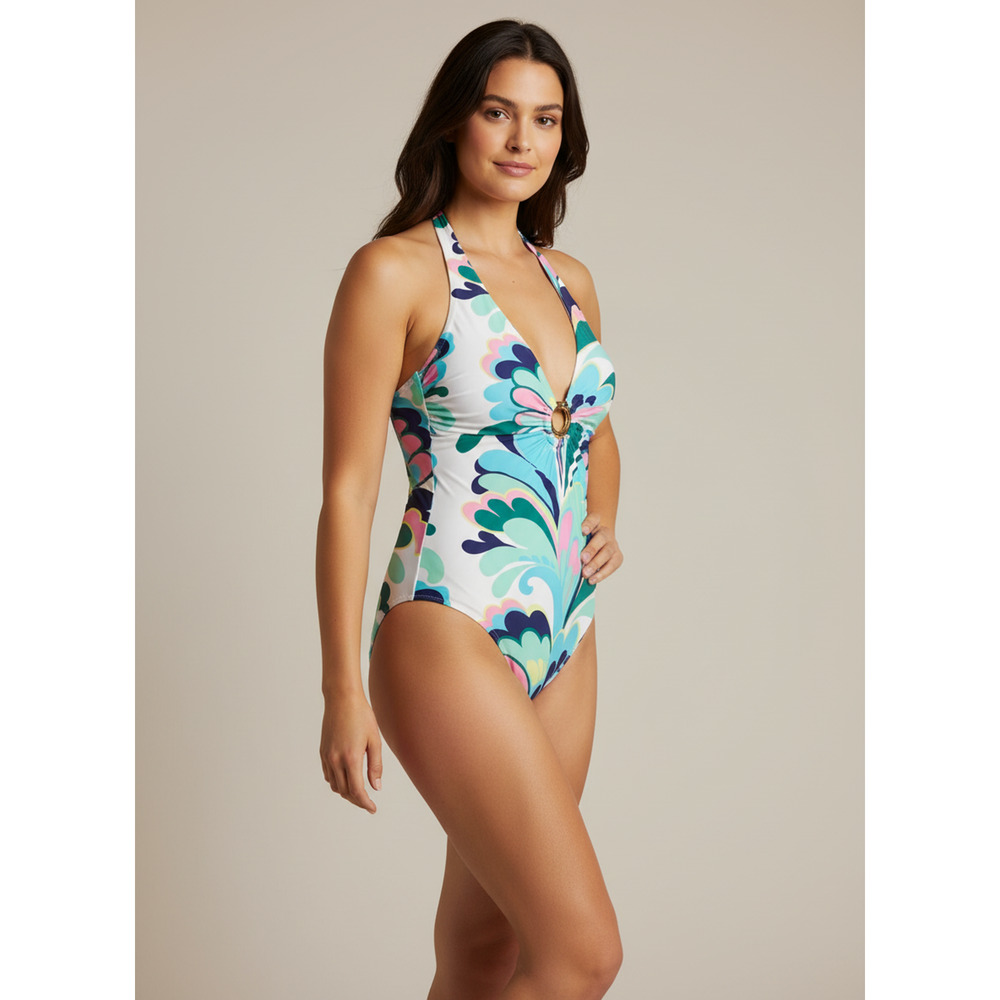 Sunshine 79 Far Out Feathers Plunge Mio One Piece Swimsuit Size 6